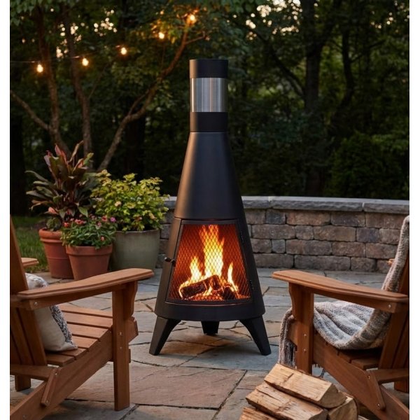 Eldstad med skorsten i st�l | Inbyggd vedf�rvaring | Svart