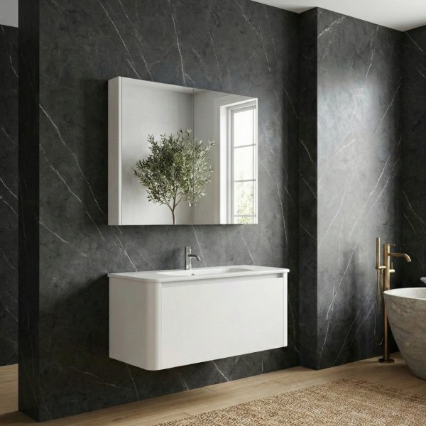 Badrumspaket 80 cm � Kommod & keramiskt tv�ttst�ll med spegelsk�p | Mjukst�ngning | Modern design