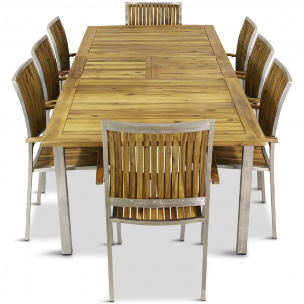 F�rl�ngningsbart bord 200-250cm + 8 stolar - Rostfritt st�l och oljad Acacia