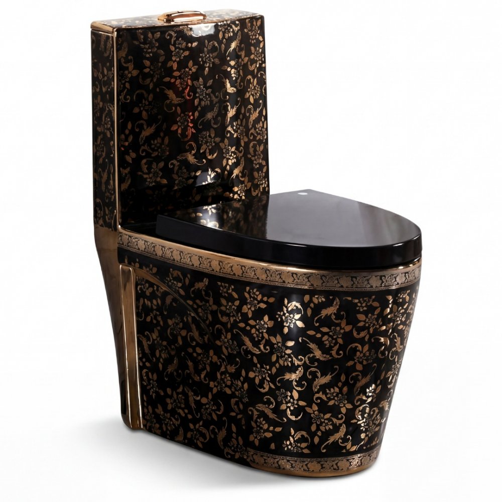 Lyxig svart toalett med gulddetaljer  S-trap 300 mm WC