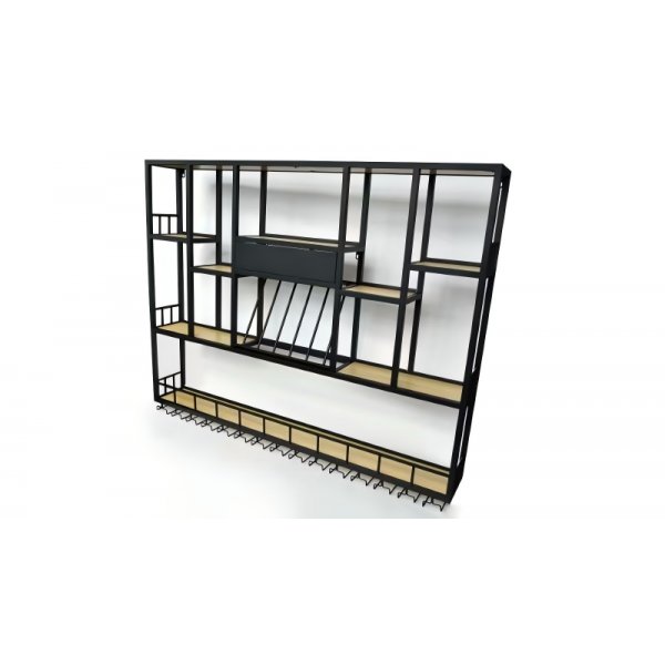 V�ggh�ngd barhylla i svart metall | Vin, glas & flaskf�rvaring | 150 � 120 cm