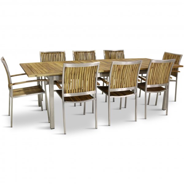 F�rl�ngningsbart bord 200-250cm + 8 stolar - Rostfritt st�l och oljad Acacia