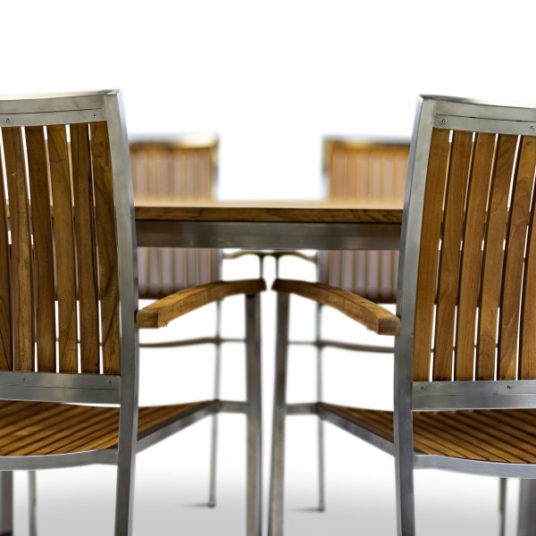 Stor rund trädgårdsgrupp i teak / rostfritt stål | Bord & 8 stolar Stor rund trädgårdsgrupp i teak / rostfritt stål | Bord & 8 stolar