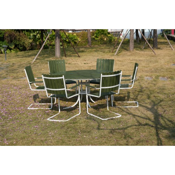 Gl�nta rund matgrupp utomhus | 6 stolar & �135 cm bord | Gr�n/vit