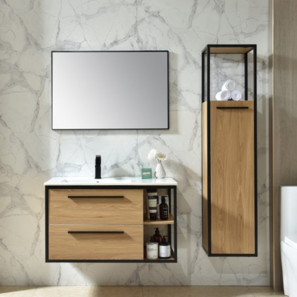 Industria Badrumspaket 90 cm � Kommod, keramiskt tv�ttst�ll, spegel & sidosk�p | Tr�/Svart