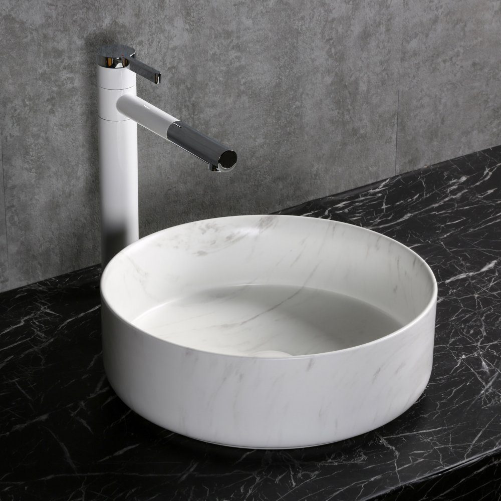 Runt tv&auml;ttst&auml;ll 36cm | Marmorerad yta | Lyxig design i porslin | Frist&aring;ende handfat f&ouml;r montering p&aring; b&auml;nkskiva
