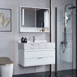 Badrumsmöbel 90cm | LED-spegelskåp | Marmorerad bänkskiva | Vit Badrumsmöbel 90cm | LED-spegelskåp | Marmorerad bänkskiva | Vit