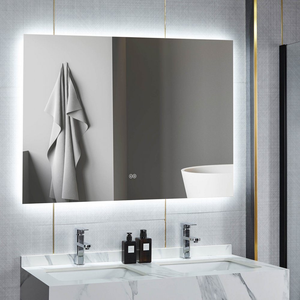 Stor badrumsspegel 120x100cm | LED-belysning & anti-fog | Kopparfritt spegelglas - för längre hållbarhet