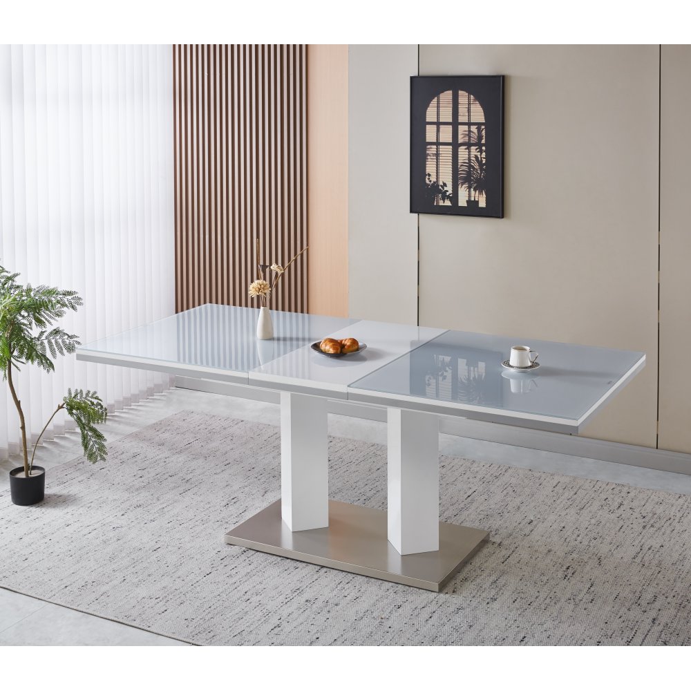 Matbord 160200 cm | Utdragbart, rostfritt stål & vitlackerat glas | Colombia