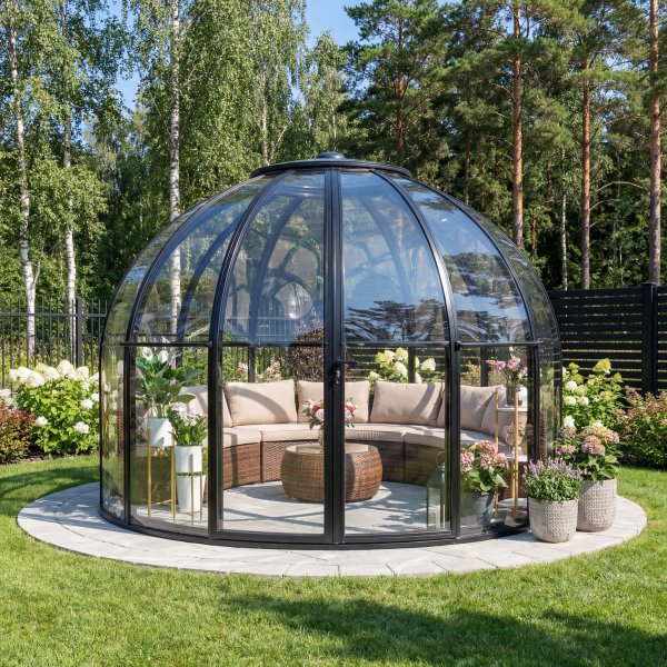 Runt växthus 13,2 m² | Exklusivt Uterum | Svart aluminium & kristallklara polykarbonatpaneler Runt växthus 13,2 m² | Exklusivt Uterum | Svart aluminium & kristallklara polykarbonatpaneler