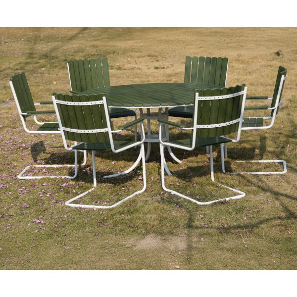 Gl�nta rund matgrupp utomhus | 6 stolar & �135 cm bord | Gr�n/vit