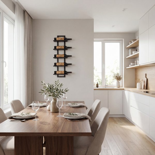 V�ggh�ngd vinhylla i svart | Elegant vinst�ll f�r 5 flaskor | Platsbesparande vinf�rvaring