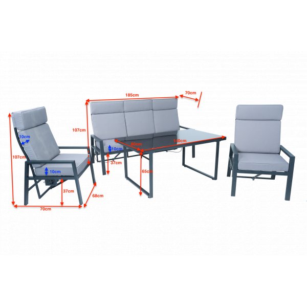 Loungegrupp i aluminium med recliner � Soffa, 2 stolar & bord | Apelviken