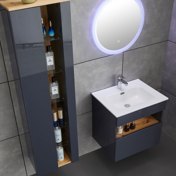 Badrumspaket | Kommod, LED-spegel och högskåp | Högblank grå Badrumspaket | Kommod, LED-spegel och högskåp | Högblank grå