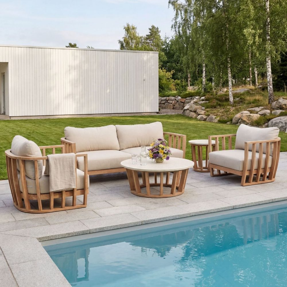 Soffgrupp i akacia & terrazzo-sten | Dynor med linnetyg | Storvik | Rustik loungegrupp med unik design för uteplatsen eller trädgården