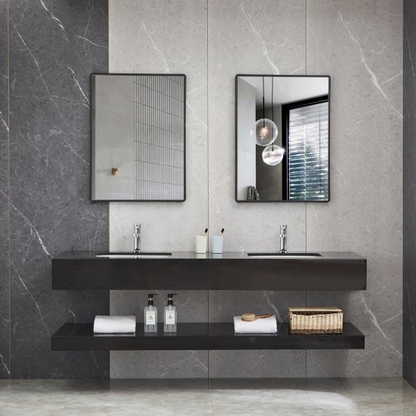 Badrumspaket | Dubbla handfat och speglar | Svart kompositsten