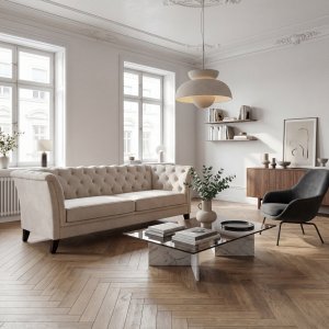 Chesterfieldsoffa 3-sits | Beige sammet, kallskum & avtagbar kl�dsel | Milton