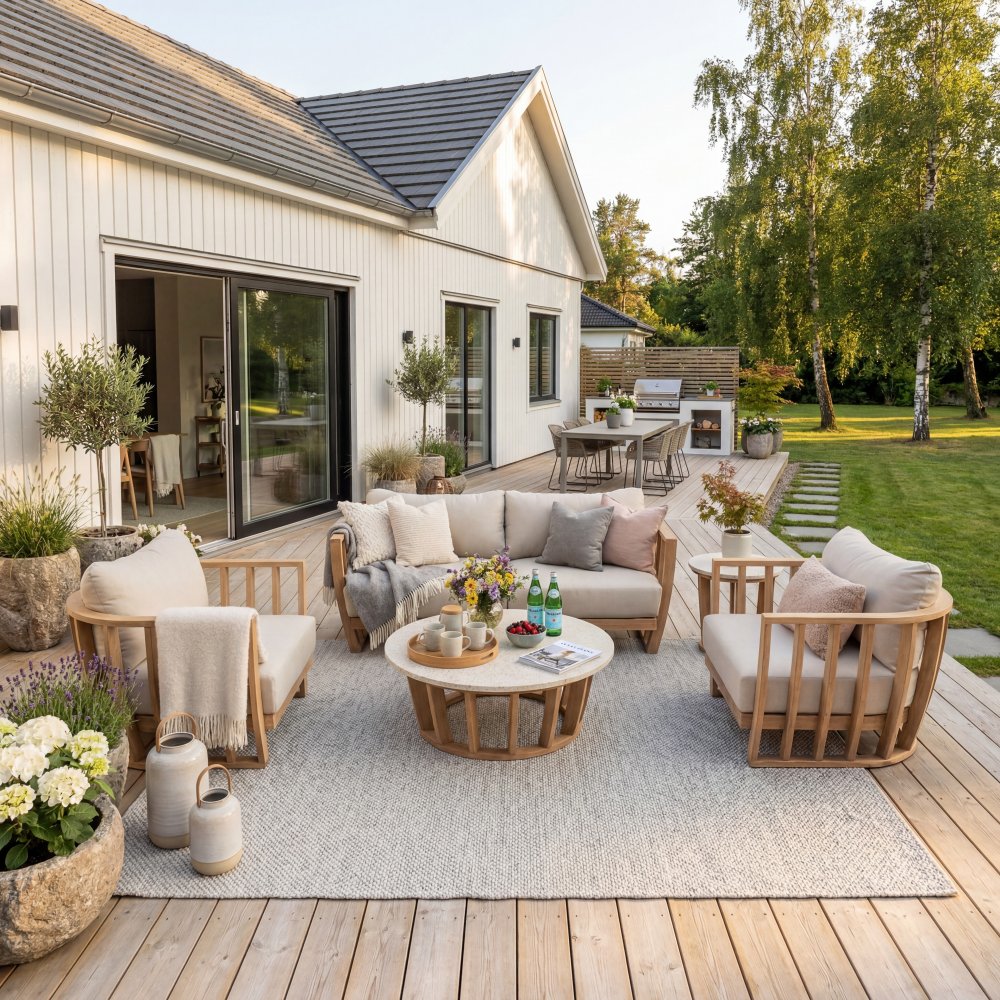 Soffgrupp i akacia & terrazzo-sten | Dynor med linnetyg | Storvik