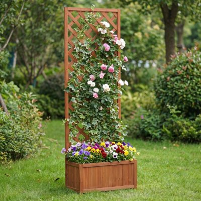 Blomlåda med spalje i trä | 60×30×180 cm | För klätterväxter | Brun
