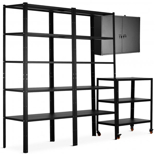 Lagerhylla med skåp och rullvagn Lagerhylla med skåp och rullvagn