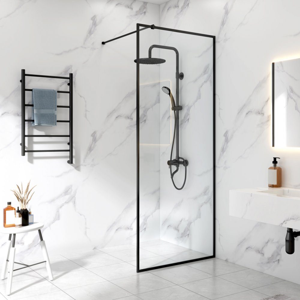 Duschvägg 95x210cm | Aluminium & säkerhetsglas | Svart ram | Fast duschvägg för hörnmontering