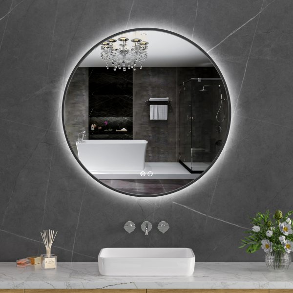 Rund badrumsspegel 80 cm | Svart ram | LED-belysning | Anti-fog & touch-styrning