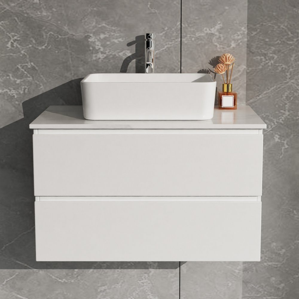 Tvättställsskåp 60cm | Med handfat | Nimbus vit | MDF | Rymlig kommod komplett med blandare och bottenventil
