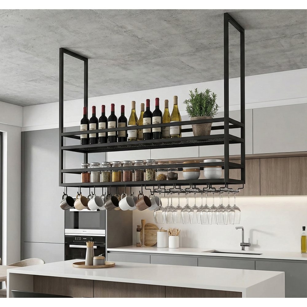 Takh&auml;ngd vinhylla till k&ouml;ks&ouml; i svart metall  Vin & vinglas  120 cm