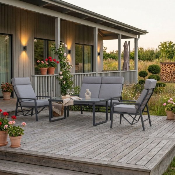 Loungegrupp i aluminium med recliner � Soffa, 2 stolar & bord | Apelviken