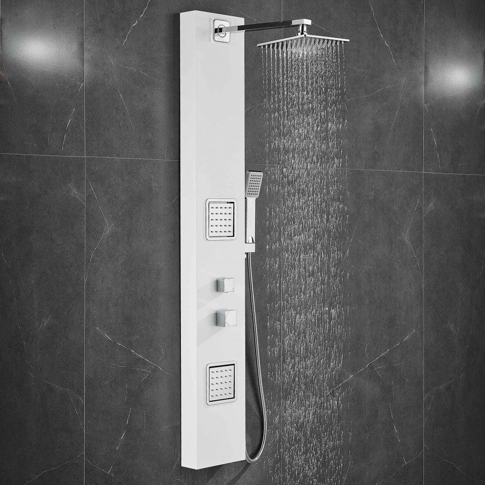 Duschpanel i vitt rostfritt stål | Amber | Borstat rostfritt stål | Komplett paneldusch i elegant vit design