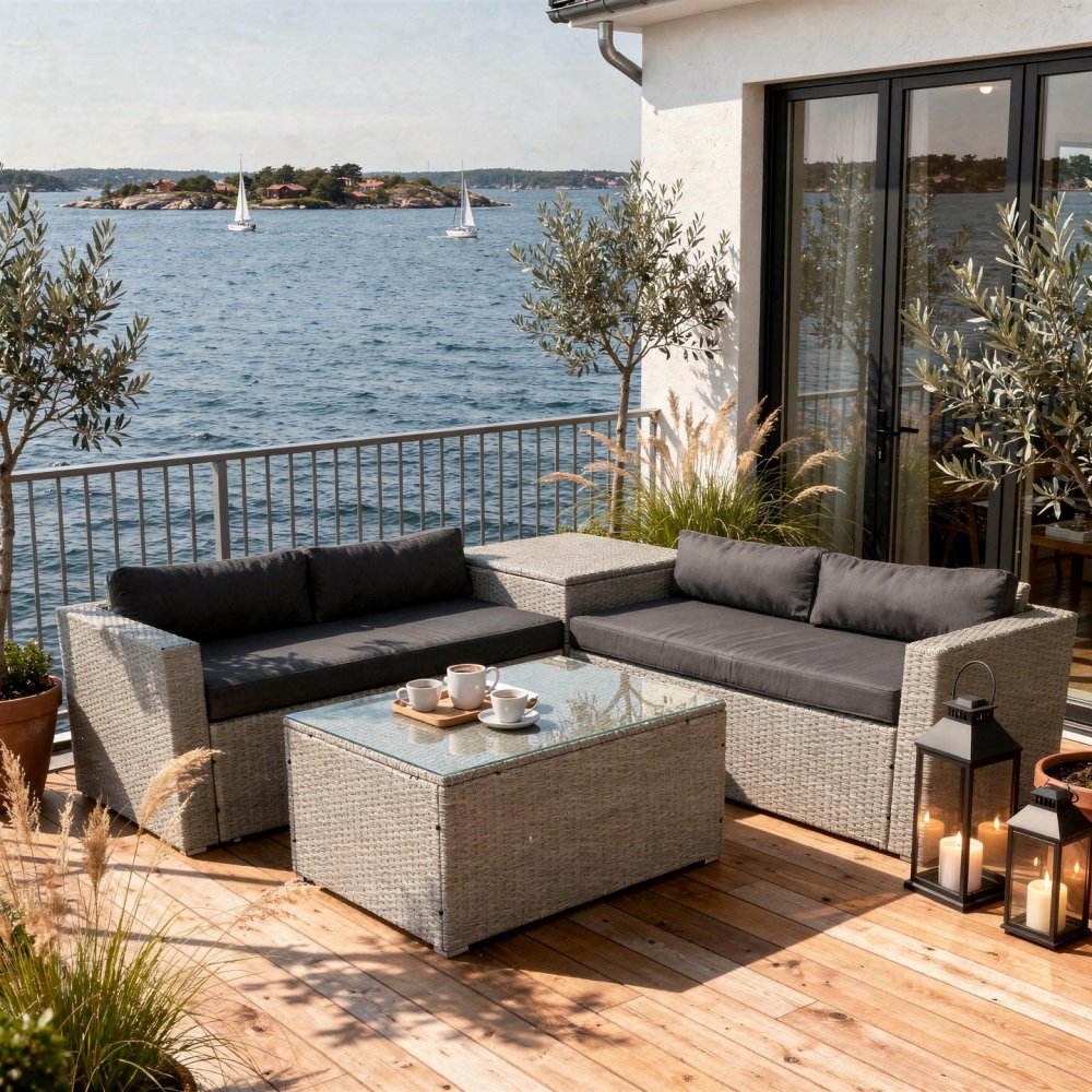 Loungegrupp med dynbox & förvaring | Grå konstrotting | Bord med glasskiva | Orlando