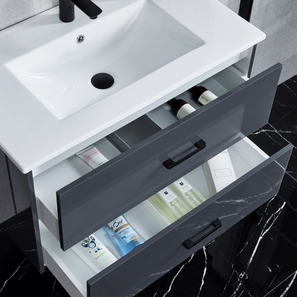 Kommod 80cm | Rund LED-spegel med dimmer | Svart blandare Kommod 80cm | Rund LED-spegel med dimmer | Svart blandare