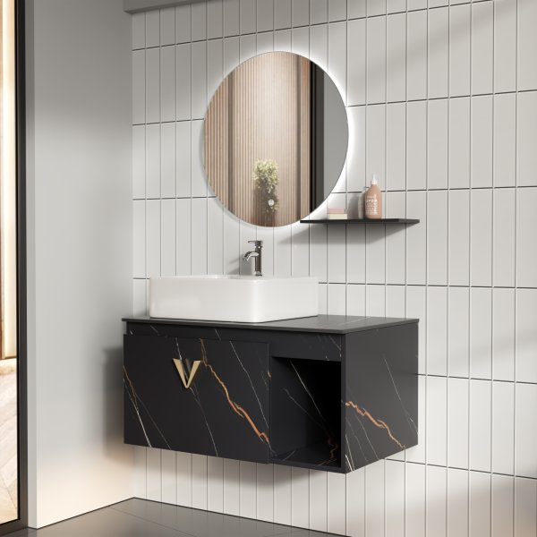 Luxe Badrumspaket 80 cm  Skifferbnkskiva, keramiskt tvttstll & LED-spegel | Mjukstngning