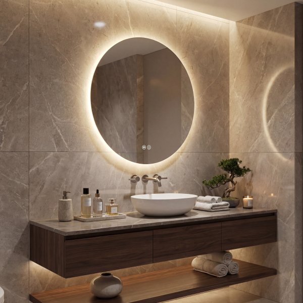 Rund badrumsspegel | Anti-fog och LED-belysning på baksidan Rund badrumsspegel | Anti-fog och LED-belysning på baksidan