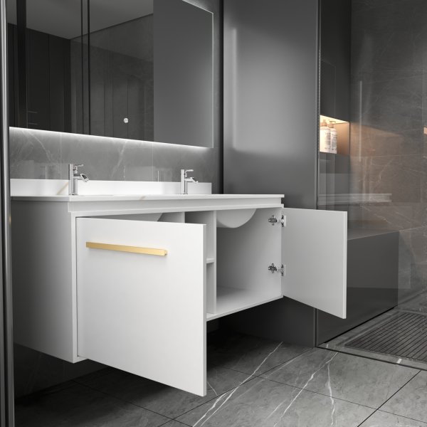 Badrumspaket 120 cm – Kommod med dubbla keramiska tvättställ & LED-spegel | Mjukstängning Badrumspaket 120 cm – Kommod med dubbla keramiska tvättställ & LED-spegel | Mjukstängning