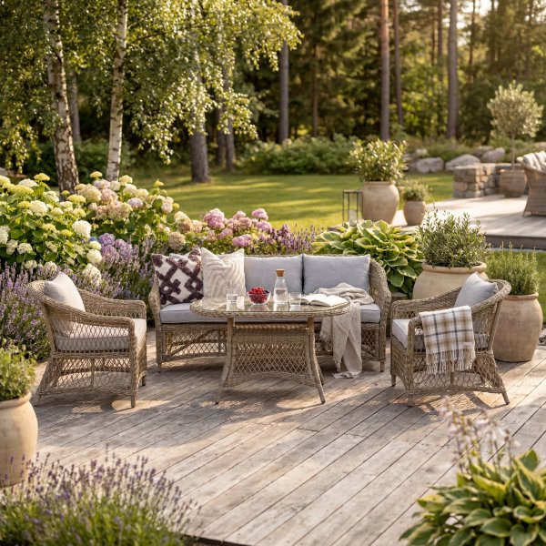 Loungegrupp utemöbler | Naturfärgad konstrotting | Soffa, fåtöljer & bord | Camilla Loungegrupp utemöbler | Naturfärgad konstrotting | Soffa, fåtöljer & bord | Camilla