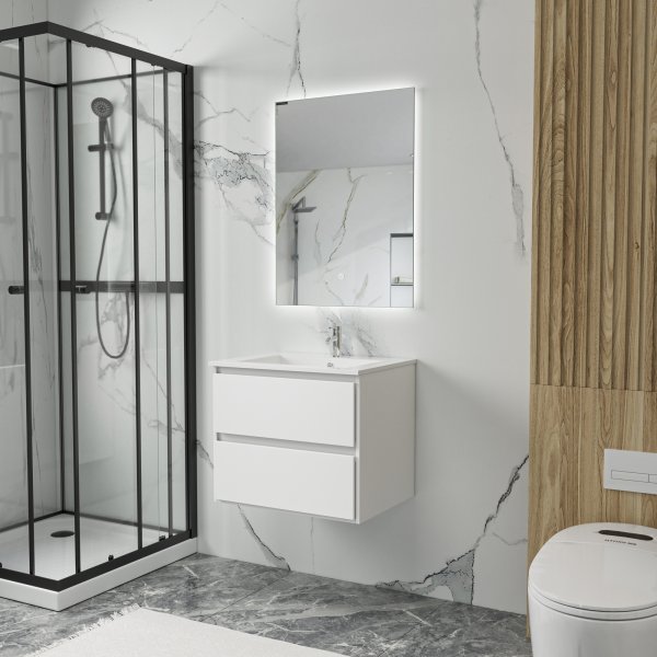 Badrumspaket 60 cm  Vgghngd Kommod med LED-spegel | Keramiskt Tvttstll | Mjukstngande Ldor