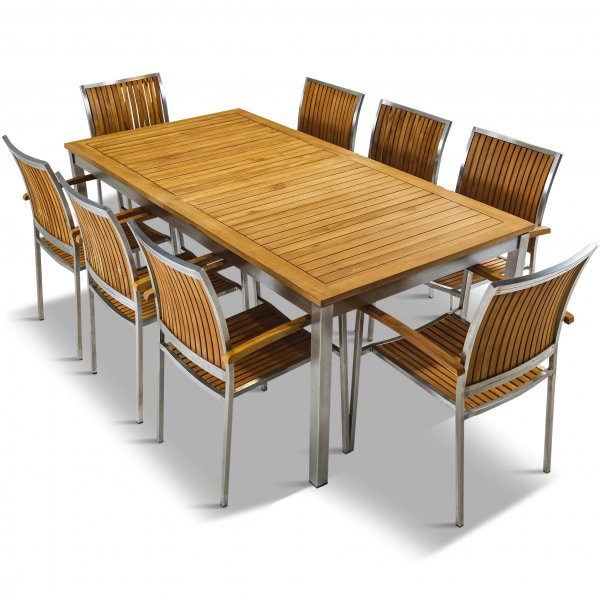 Frlngningsbart bord 200-250cm | 8 stolar | Rostfritt stl / teak