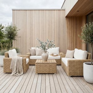 Lyxig loungegrupp i naturlig rotting | Inkl. dynor | Solena premium
