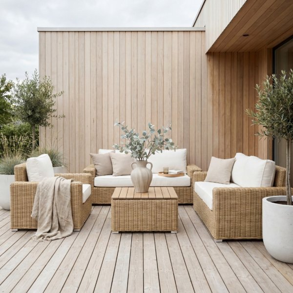 Lyxig loungegrupp i naturlig rotting | Inkl. dynor | Solena premium