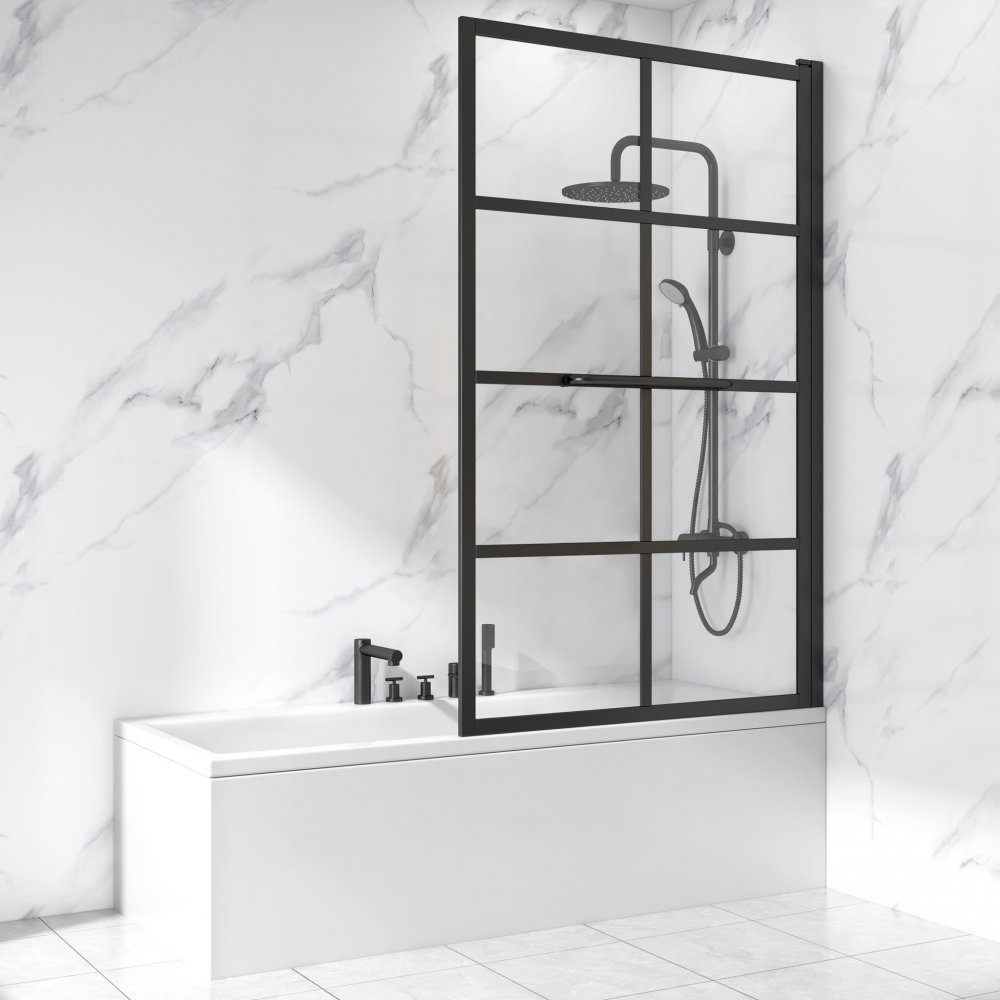 Duschv&auml;gg badkar 150x80 cm | Industristil med svart spr&ouml;js | Duschv&auml;gg f&ouml;r badkar med 6 mm h&auml;rdat s&auml;kerhetsglas