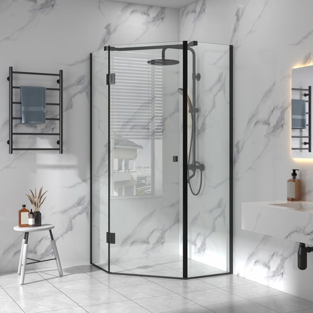 Femkantig duschhörna 100x100x210cm | 6mm säkerhetsglas | Carro | Svart | Stilren duschvägg för hörnplacering
