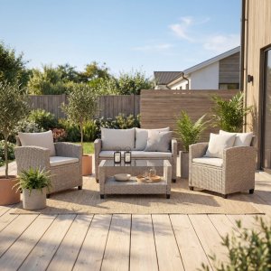 Exklusiv Loungegrupp | H�rnsoffa med bord | Beige/Gr� konstrotting | Stockholm
