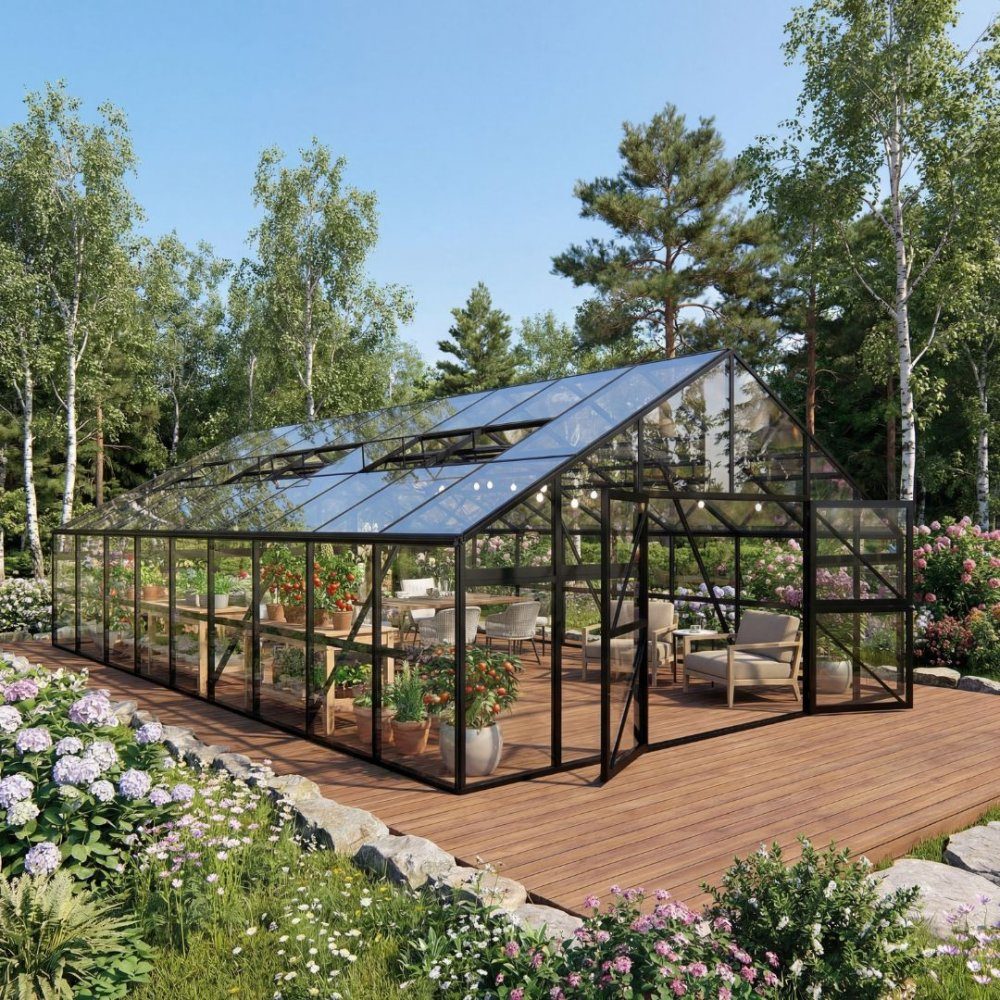 Extra brett premium glasväxthus 51m2 | Stormgaranti och säkerhetsglas | Yta: 51m2 (10,06x5,06m)