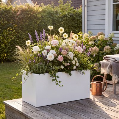 Hög blomlåda 120x30x60 cm i galvaniserat stål | Vit | Extra rymlig blomlåda i stilren vit design