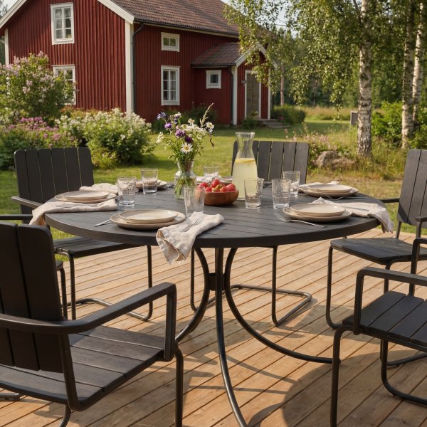 Rund utem�bel matgrupp | Bord med 6 stolar | Akacia | Gr�s� svart