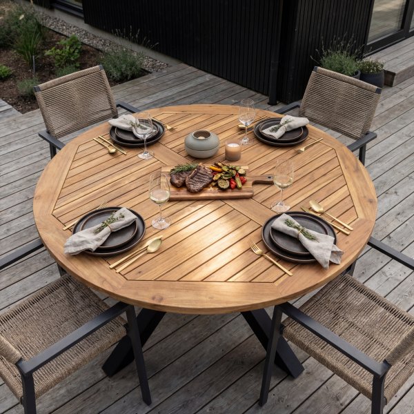 Runt utebord akacia | �150 cm | Svarta ben | H�jd 78 cm