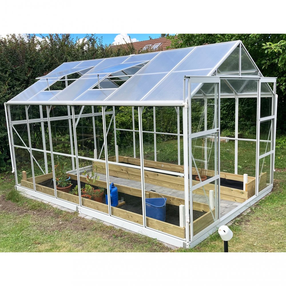 Glasväxthus 9,6m2  5 års stormgaranti  4mm säkerhetsglas  Vit  Yta: 9,6 m2 (3,72x2,57 m)