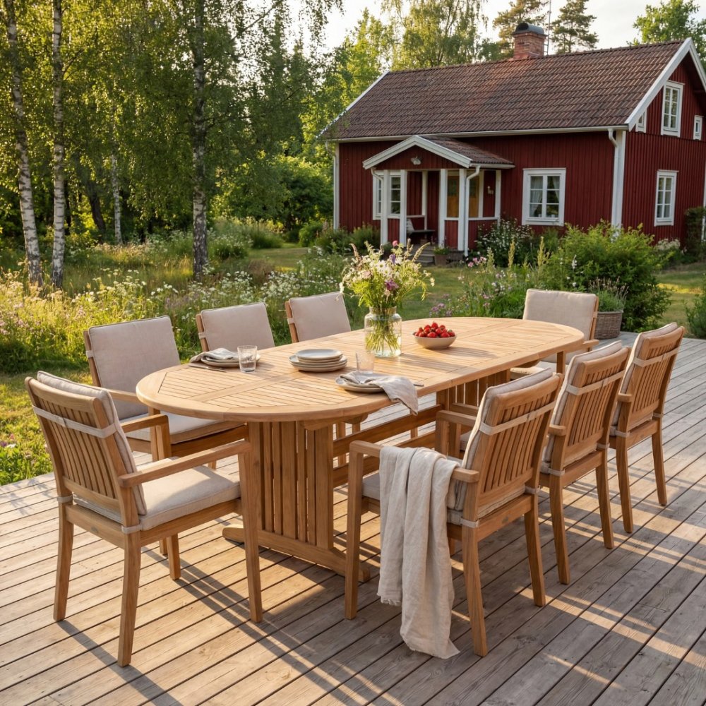 Utdragbart matbord i teak 180220 cm med butterfly-funktion  Salt&ouml;