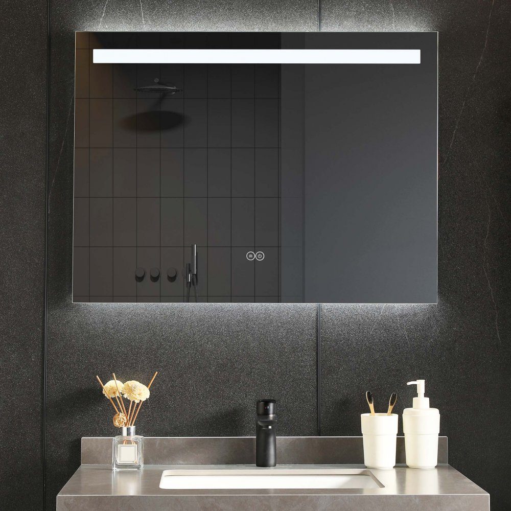 Badrumsspegel 80x60cm | LED-belysning & anti-fog-funktion | LED-belysning direkt i spegeln